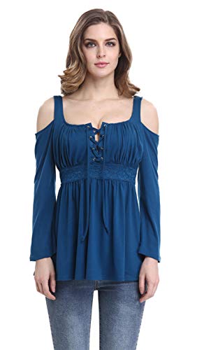 Women's Cold Shoulder Lace Up Casual Tunic Solid Blouse Tops - color: #0705_blue Green, size: Large