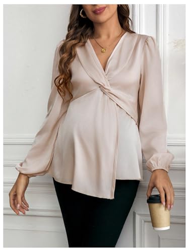 MakeMeChic Women's Maternity Shirts Blouse Satin Work Clothes Babydoll Tops - color: Apricot, size: X-Large