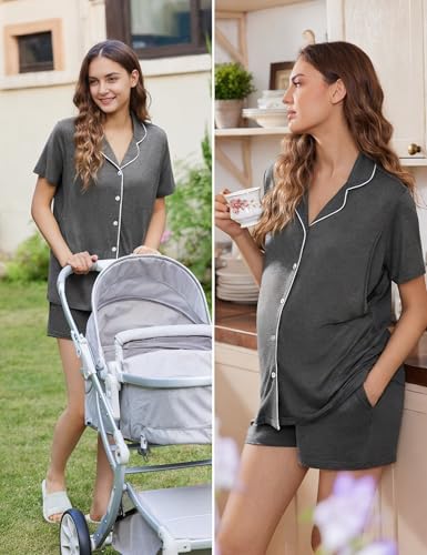 Ekouaer Maternity Sets Postpartum Nursing Pajamas for Women Summer Outfits - color: Dark Grey, size: Medium