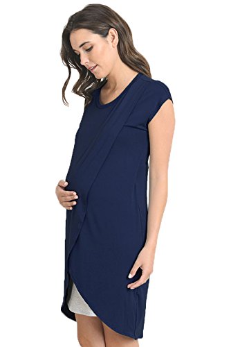 HELLO MIZ Color Block Asymmetrical Breastfeeing Maternity Nursing Dress - color: Navy/Grey, size: Small