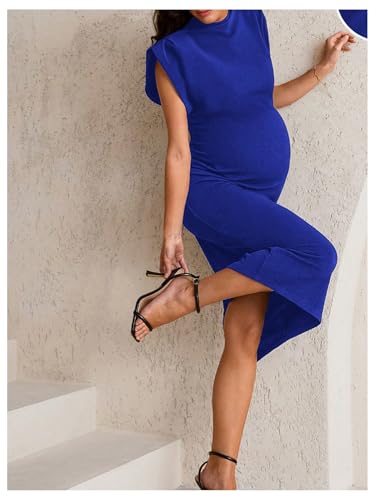 OYOANGLE Women's Maternity Cap Sleeve Pregnancy Bodycon Midi Dresses - color: Royal Blue, size: Large