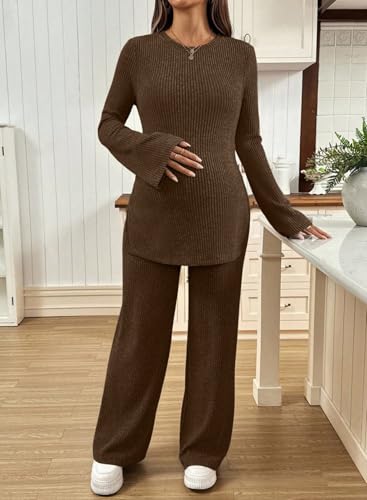 BLENCOT Maternity 2 Piece Outfits Ribbed Knit Long Sleeve Sets - color: Coffee, size: Medium