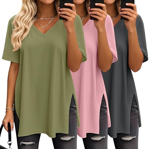 Huukeay 3 Pack Oversized Shirts for Women V Neck - color: Dark Gray, Rose Pink, Grass Green, size: Medium
