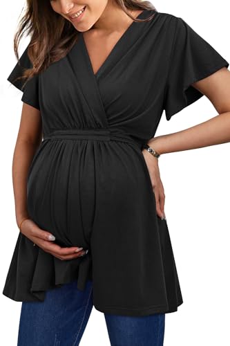 OUGES Women's Wrap Tie Back Short Sleeve Summer Maternity Nursing Tops 2026 - color: Black, size: Large