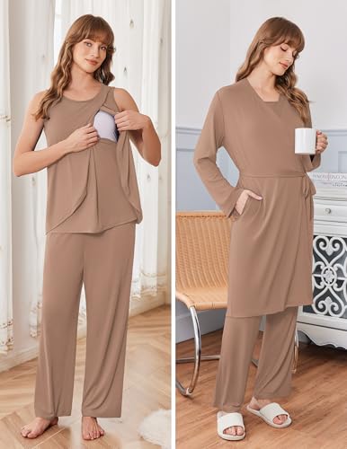 Ekouaer Maternity Pajamas Nursing Robe Set 3 Pieces Post Partum Lounge Sets - color: Khaki, size: Large