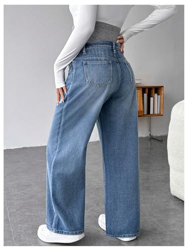 MakeMeChic Women's Maternity Jeans Knitted Wide Leg Pregnancy Denim Pants - color: Multicolor, size: Medium