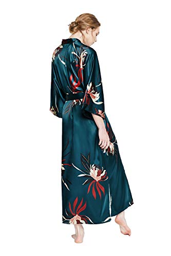 OLDSHANGHAI Satin Long Kimono Robe for Women - color: Hana - Teal