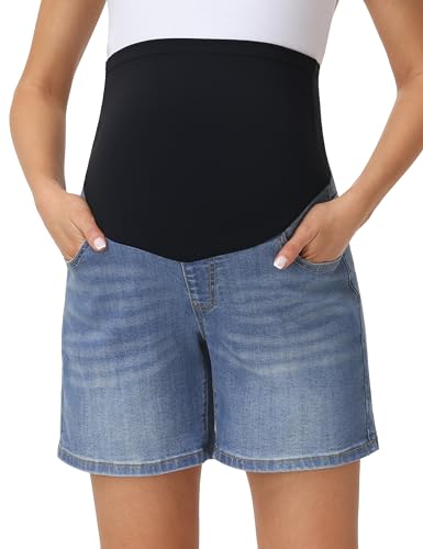Foucome Women's Maternity Jean Shorts Over the Belly - color: Blue, size: Medium