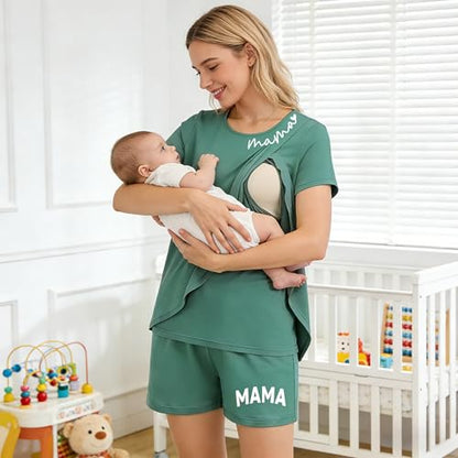 Maternity Nursing 2 Piece Pajama Set Double Layer Breastfeeding Sleepwear - color: A-green, size: Medium