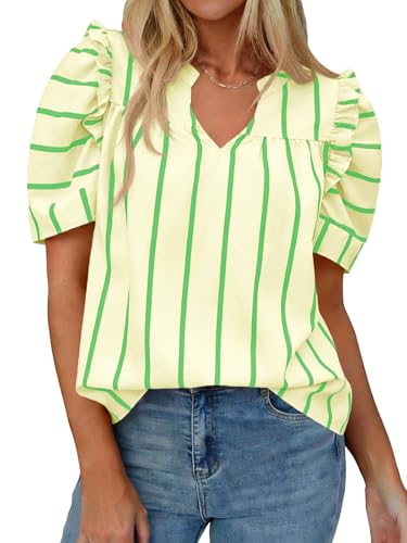 Tankaneo Womens Puff Sleeve Tops Striped Shirts Loose Fit Tunic Blouses - color: Beige, size: Medium