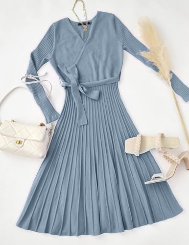 ZESICA Women's Long Sleeve Wrap Sweater Midi Dress with Belt - color: Dustyblue, size: X-Large