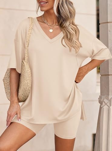 PRETTYGARDEN Womens 2 Piece Outfit Lounge Short Sets - color: Beige, size: Small