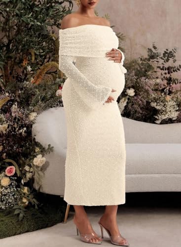 BLENCOT Womens Off Shoulder Flare Sleeve Split Bodycon Maternity Dress - color: Apricot, size: XX-Large