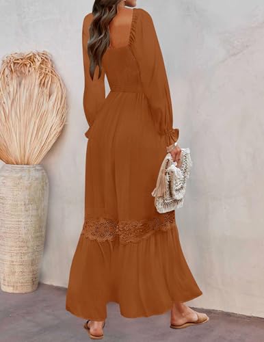 ZESICA Women's 2026 Boho Long Sleeve Fall Maxi Dress - color: Brown, size: Large
