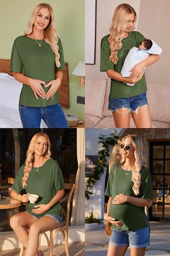 Ekouaer Maternity Shirts 3 Packs Short Sleeve Split Side Pregnancy Tops - color: Black/Army Green/White, size: Medium