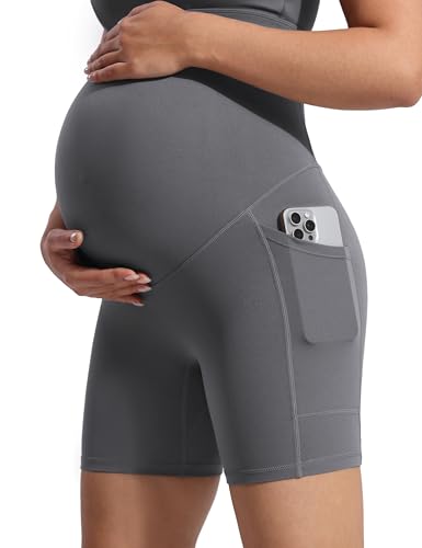 POSHDIVAH Creamluxe Maternity Biker Shorts with Pockets 6"/8" - color: Charcoal Gray, size: Medium