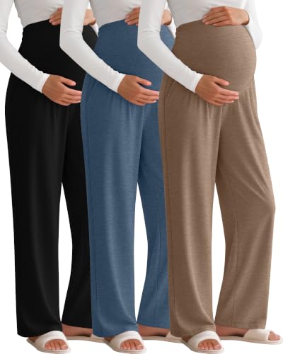 3 Pack Women's Maternity Lounge Pants with Pockets - color: Black, Mocha, Haze Blue, size: X-Large