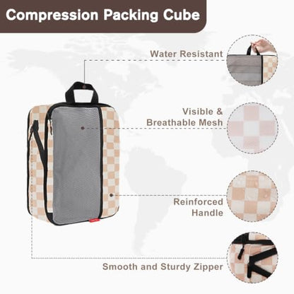 U+U 8 Set Compression Packing Cubes - Ultralight Travel Organizers - color: Khaki Checkered, size: 8 Set