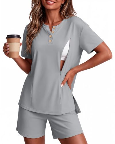 Maternity Nursing Pajama Set - color: Light Gray, size: Small