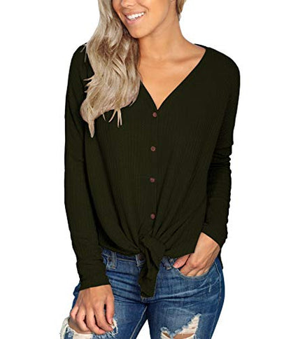 IWOLLENCE Womens Button Down Henley Long Sleeve Blouse - color: Army Green, size: Large
