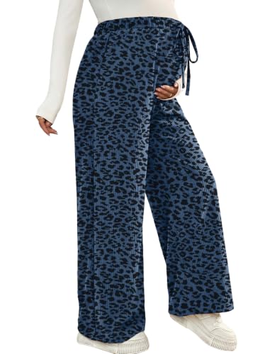 BLENCOT Maternity Pants Leopard Wide Leg Drawstring Pregnancy Trousers - color: Blue, size: Small
