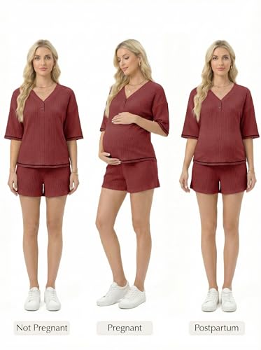 BLENCOT Maternity Pajamas Nursing Set Shorts Pregnancy Pj Sets - color: Red Dahlia, size: X-Large