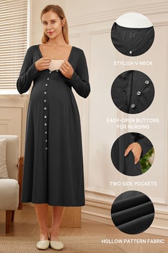 OUGES Cotton Blend Maternity Pajamas Nightgown Button Down Nursing Gown Labor Delivery Breastfeeding Dress with Pockets - color: Black, size: Small