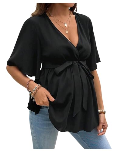 MakeMeChic Women's Maternity Nursing Blouse Wrap Belted Pregnancy Shirt - color: Black, size: Large