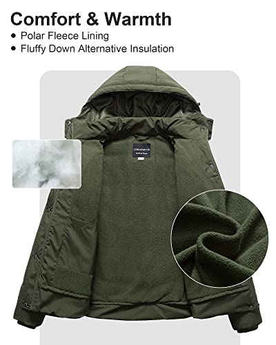 CREATMO US Women's Plus Size Warm Puffer Jacket Waterproof Fleece Lined Winter Coat with Removable Hood - color: Army Green, size: 2X