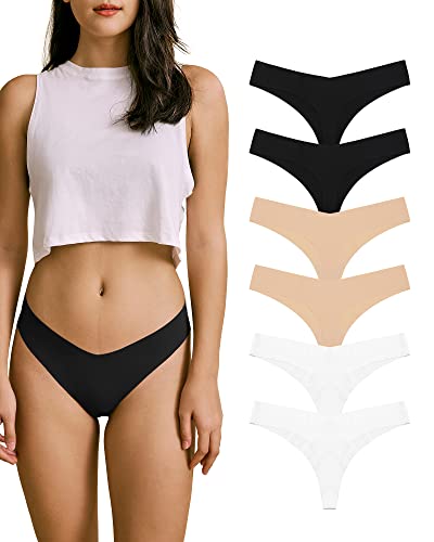 SHARICCA Women No Show Seamless Underwear Thong Invisible Soft Panties Multi Pack - color: (6 Pack) 2black-2white-2beige-a, size: Large