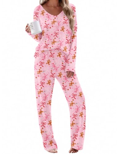 Ekouaer Womens Pajama Sets Button Up Long Sleeve Lounge Set Soft V Neck Pj - color: Chrismas Bow, size: Large
