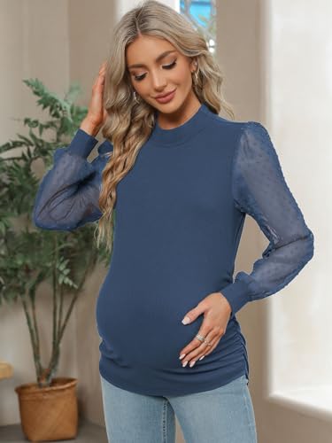 FMEYOA Women's Maternity Shirt Long Sleeve Top Mock Neck Blouse - color: Navy, size: X-Large