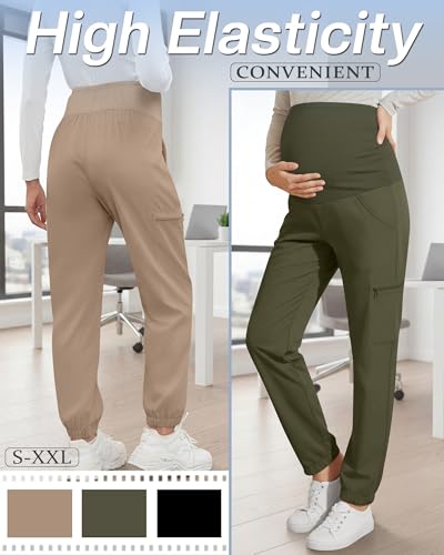 3 Pack Maternity Scrub Cargo Jogger Pants - color: Black, Army Green, Khaki, size: XX-Large