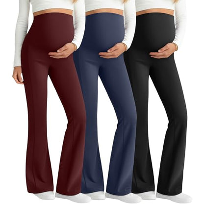 3 Pack Maternity Over The Belly Flared Leggings Pants - color: Wine Red, Navy Blue, Black, size: X-Large