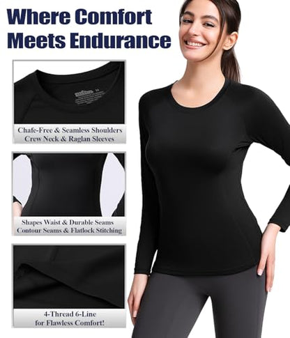 Women Long Sleeve Compression Shirts Underscrubs Workout Athletic Tops - color: 2 Black, size: Medium