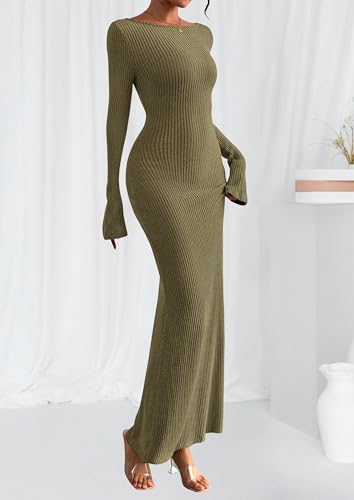 PRETTYGARDEN Women's Fall Long Sleeve Bodycon Maxi Dresses - color: Army Green, size: Small