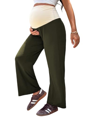 BLENCOT Women's Maternity Pants Wide Leg Over The Belly Pregnancy Pants - color: Moss Green, size: Medium