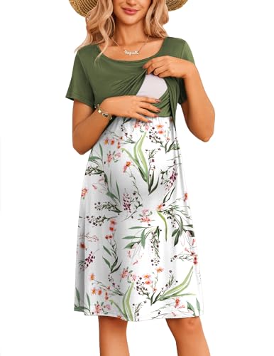 Maternity Summer Dress Breastfeeding Nursing Friendly Pregnancy Dresses - color: White-green Leaf, size: Small