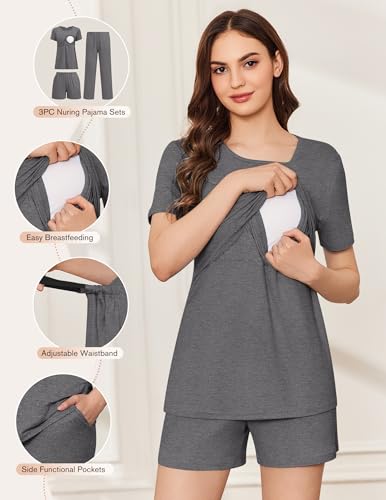 Ekouaer 3 Pack Postpartum Nursing Pajamas Breastfeeding Maternity Clothes - color: Dark Gray, size: Small