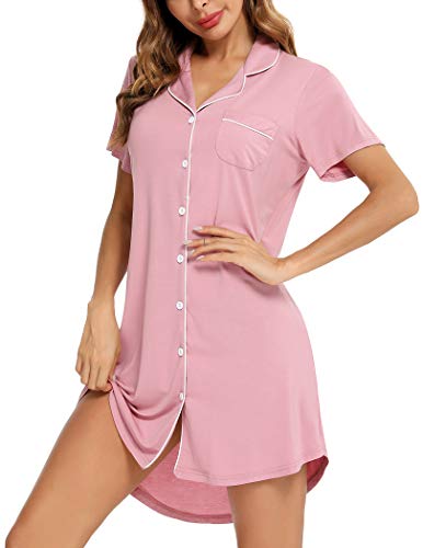 Senert Nightgowns for Women Button Down Sleeve Sleep Shirt Night Gowns - color: Bean Paste, size: Large