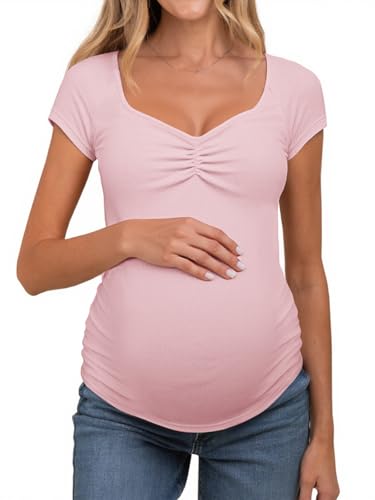 Tankaneo Womens Vneck Maternity Tops Cap Sleeve Fit Ribbed Pregnancy Tshirt - color: Pink, size: Medium