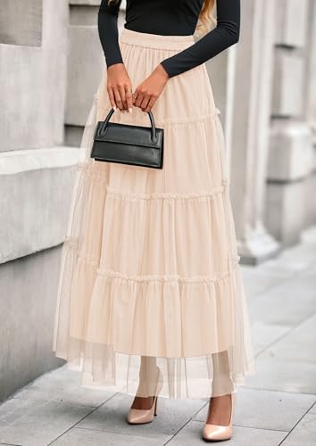 PRETTYGARDEN Women's Fall Soft Tulle Tiered Long Skirt - color: Beige, size: Medium