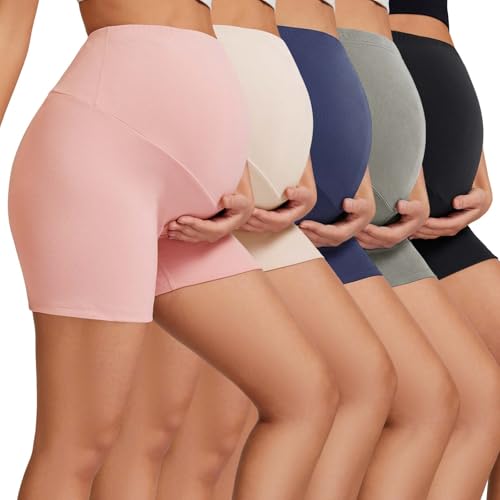 5 Pack Maternity Shorts 5" - Over The Belly Pregnancy Biker Shorts Soft Womens Yoga Workout Athletic Short - color: Black/Dark Gray/Dark Blue/Light Apricot/Pink, size: Small