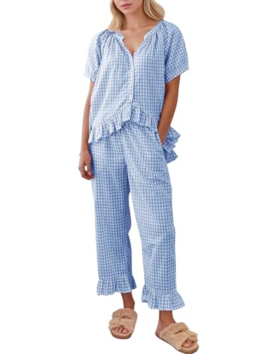 COZYPOIN 100% Cotton Pajamas for Women Set Cute Gingham Lounge Set - color: Blue, size: X-Small