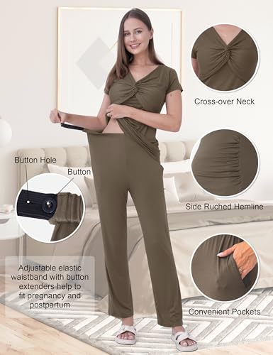 3-Piece Maternity Nursing Pajamas Set for Pregnancy & Postpartum - color: Mocha Brown, size: X-Large
