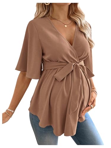MakeMeChic Women's Maternity Nursing Blouse Wrap Belted Pregnancy Shirt - color: Mocha Brown, size: Medium