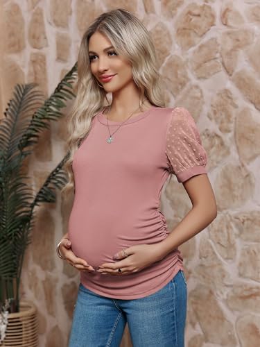 FMEYOA Women's Maternity Shirt Long Sleeve Top Mock Neck Blouse - color: Z-pink, size: Medium