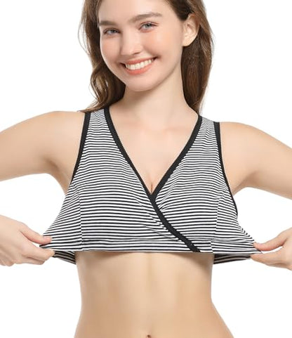 CAKYE 3 Pack Maternity Nursing Sleep Bra Breastfeeding Cotton Bralette - color: Black/Small White Black Stripe/Black Dark Gray Stripe, size: Medium