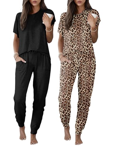 Ekouaer 2 Pack Womens Pajama Short Sleeve Jogger Pants Pjs Lounge Set - color: Black/Leopard, size: Medium