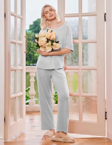 Ekouaer 2 Pack Womens Pajamas Sets Short Sleeve Long Pants Pjs Lounge Set - color: Dark Grey/Grey Striped, size: Small